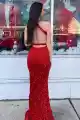 Red Mermaid V Neck Sequins Backless Long Prom Dress(Red,2)