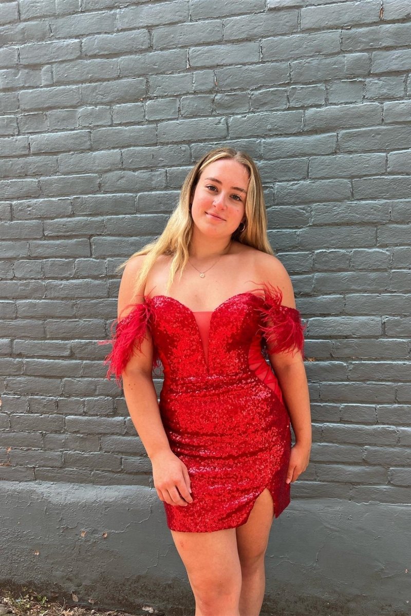 Alberta | Red Plunging Off-the-Shoulder Sequins Homecoming Dress with Feathers