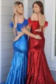 Red Sequins Cold Shoulder Feathers Long Prom Dress with Slit(Blue,2)