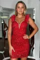 Riva | Red Sequins Sheath Plunging V Neck with Feathers