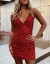 Red Spaghetti Strap V Neck Backless Homecoming Dress
