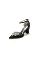 Rhinestone Pointed Toe Ankle Strap Satin Chunky Heel(Black,US5)