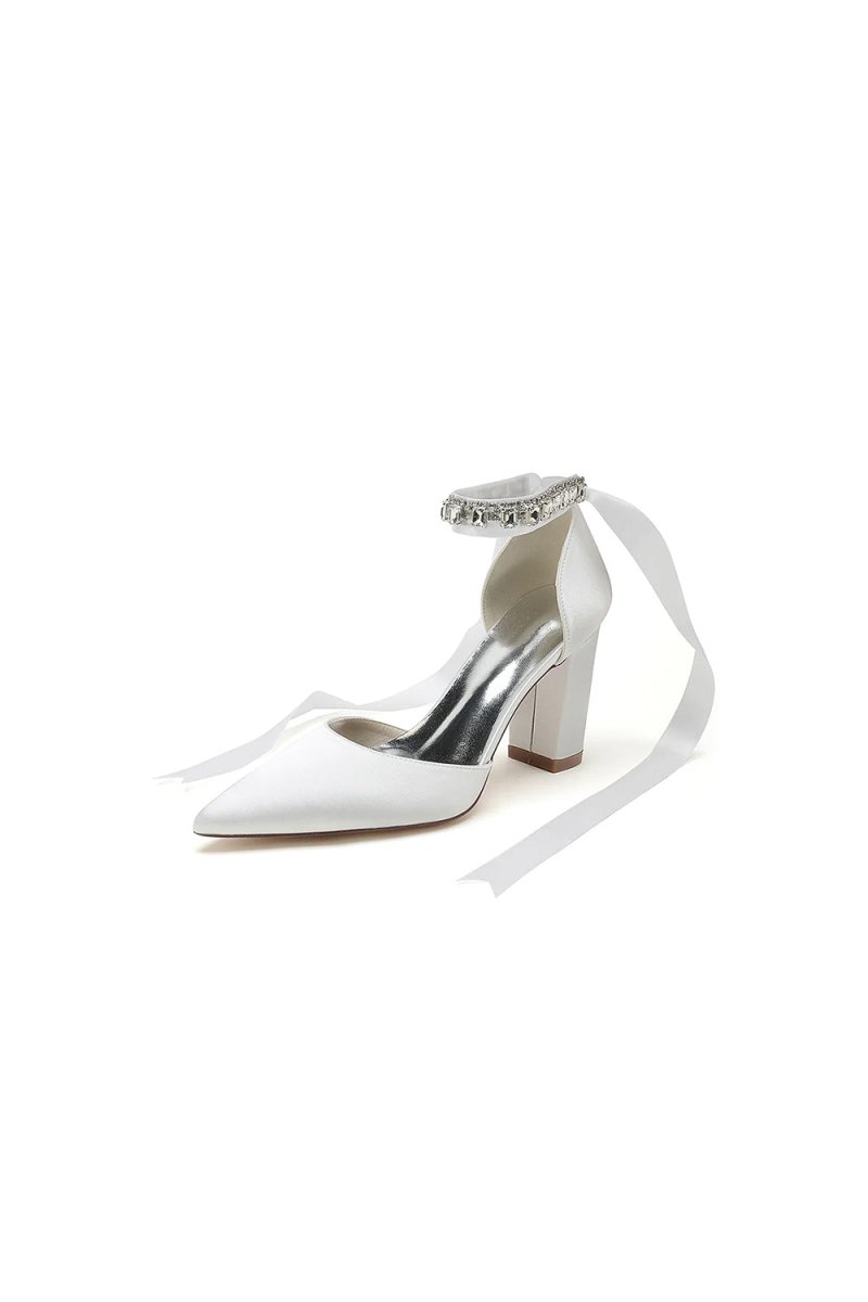 Rhinestone Ribbon Pointed Toe Ankle Strap Chunky Heel