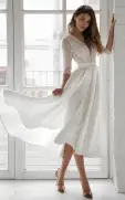 Margaritte | Satin V-neck A Line Tea-length Wedding Dress with Ruching and Sash