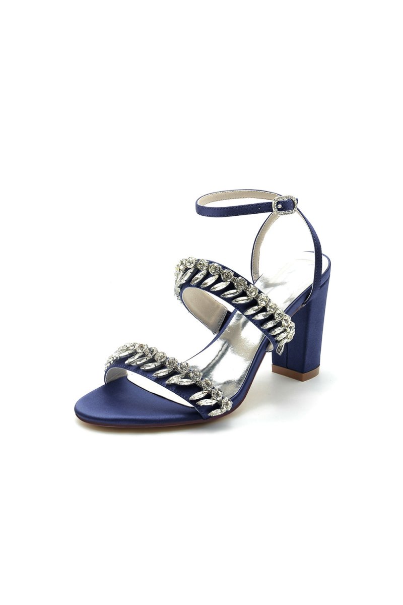 Navy Blue Evening Heels with Sequins and Chain Decor
