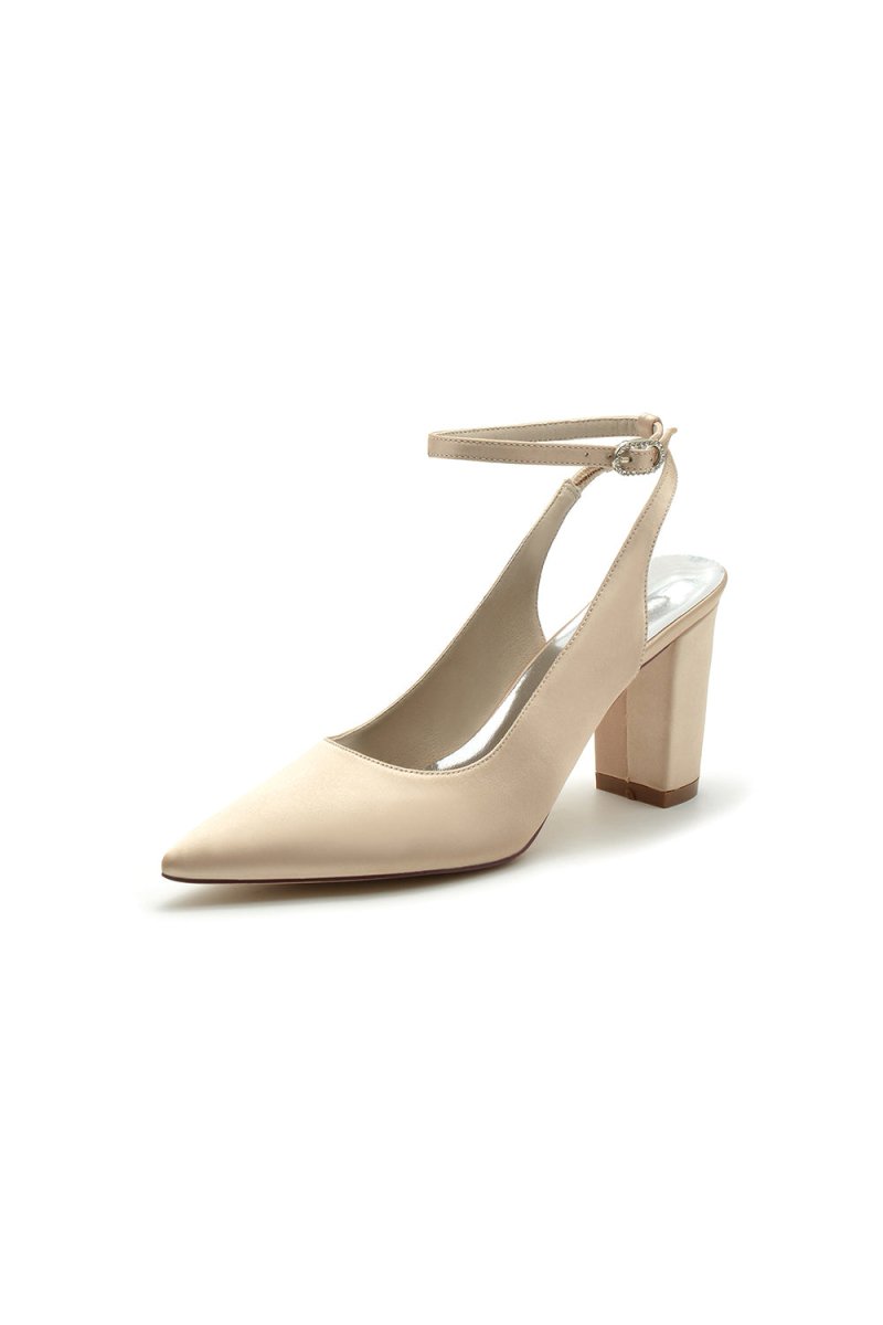 Satin Pointed Toe Ankle Strap Chunky Heels
