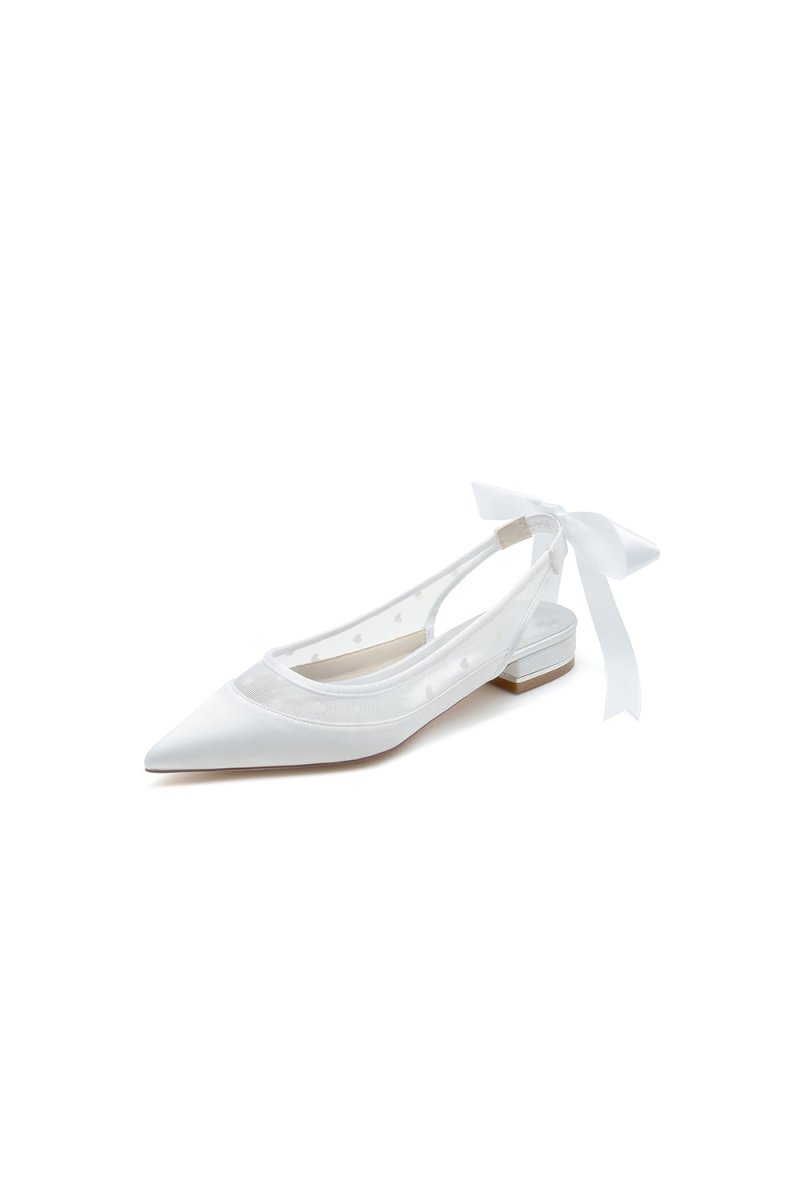 Satin Pointed Toe Mesh Low Heels With Bow