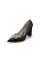 Satin Pointed Toe Slip-on Chunky Heels With Rhinestone(Black,US5)