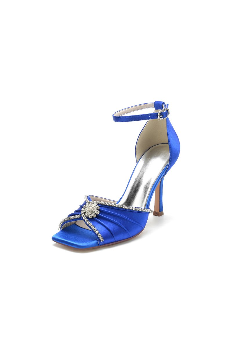 Satin Square OpenToe Stiletto Heels With Rhinestone