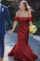 Seoni | Yellow Satin Strapless Mermaid Pleated Long Formal Prom Dress with Sleeves(Burgundy,2)