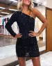 Violet |One Shoulder Sequins Homecoming Dress with Sleeve(Black,2)