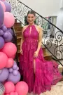 Seraphine | High Neck Sleeveless Empire Lace Tiered Long Formal Dress(Fuchsia,2)