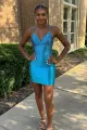 Serenella | Spaghetti Straps Beaded Lace Up Homecoming Dress(Blue,2)