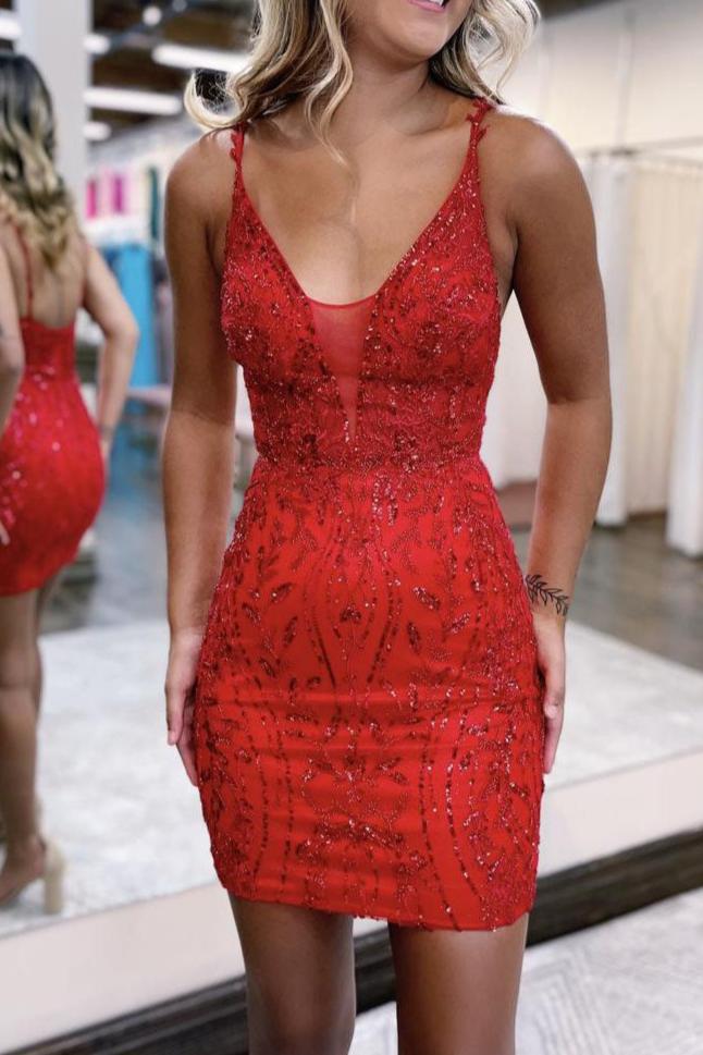 V neck Lace Appliques Short Homecoming Dress Tight Graduation Dress