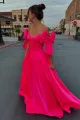 Shanty | A-Line Off-Shoulder Bow Pleated Long Prom Dress(Hot Pink,2)