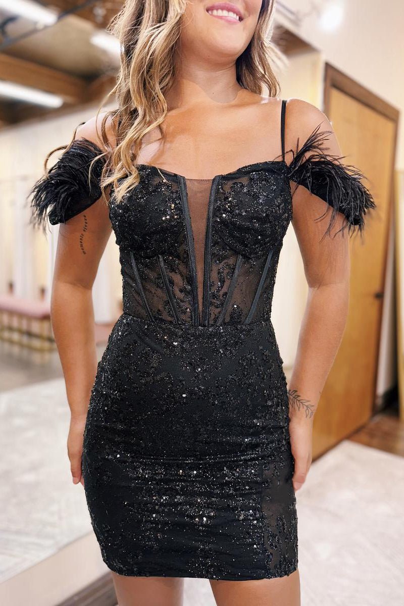 Sheath Off-Shoulder Feathers Appliques Lace-Up Homecoming Dress