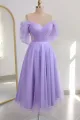 Prima | Shiny Tulle Off the Shoulder Light Blue Tea Length Prom Dress(Lavender,2)