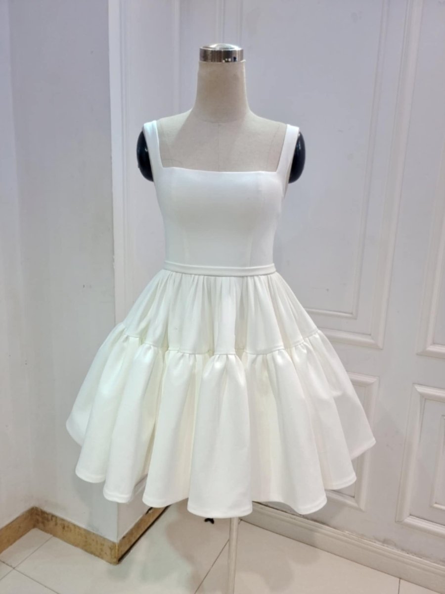 A-Line Boat-Neck Mini-Length Sleeveless Satin Pleats Wedding Dress