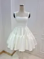 A-Line Boat-Neck Mini-Length Sleeveless Satin Pleats Wedding Dress