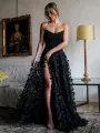 Silas | A-Line Strapless 3D Flowers Black Long Prom Dresses with Slit