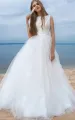 Simple Ball Gown Satin Tulle Bateau Sleeveless Wedding Dress With Bow and Ribbon