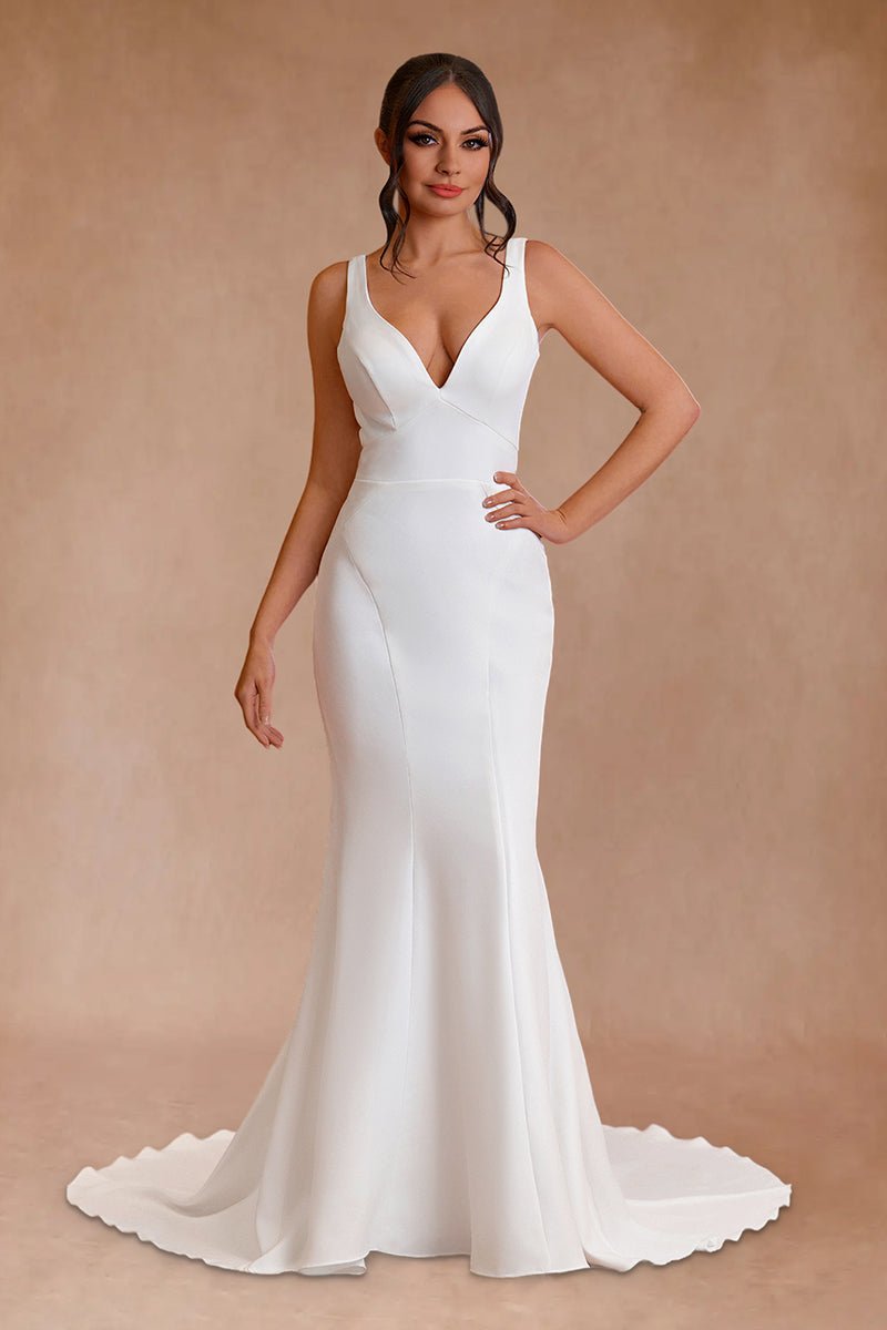 Simple Mermaid V Neck Satin White Wedding Dresses