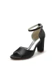 Simple Open Toe Ankle Strap Satin Chunky Heels(Black,US6)