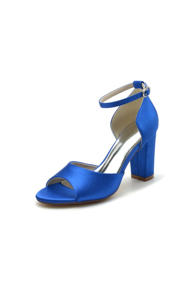 Simple Open Toe Ankle Strap Satin Chunky Heels