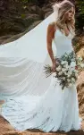 Amal | Spaghetti V-neck Mermaid Vintage Lace Flowers Sexy Backless Wedding Dress with Train