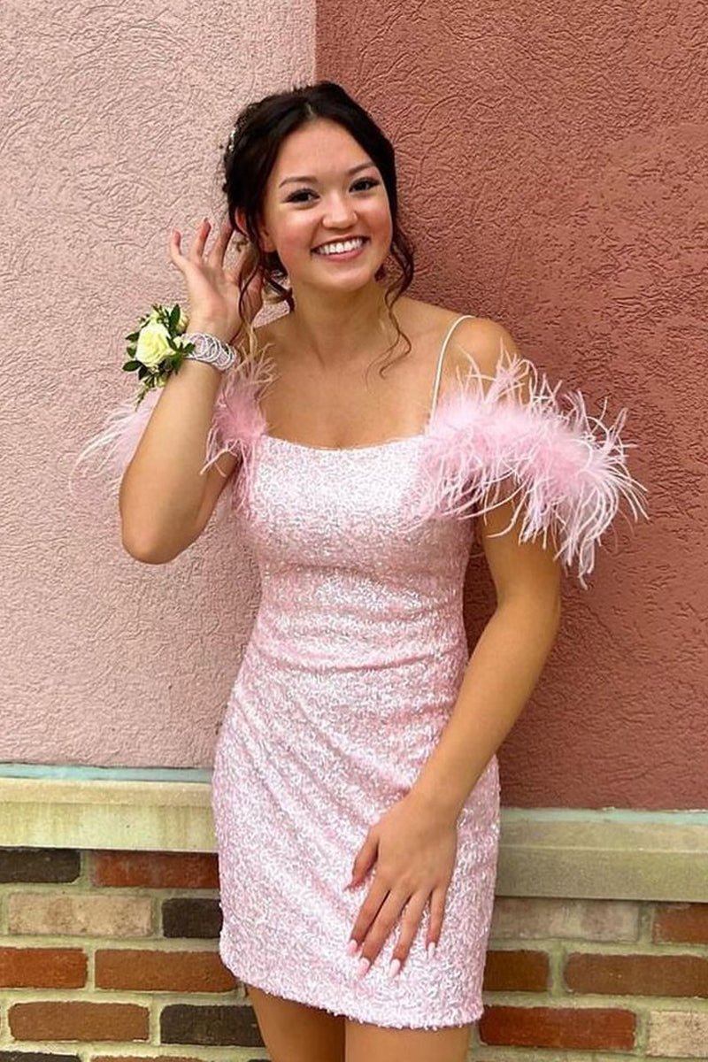Sparkly Bodycon Scoop Neck Light Pink Sequins Short homecoming Dresses with Feather