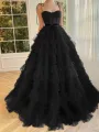 Blair |A Line Strapless Fuchsia Tiered Long Tulle Prom Dress(Black,2)