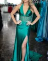 Sybella | Mermaid Magenta Halter Sheer Bodice Pleated Prom Dress with Slit(Emerald,2)