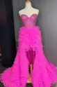 Spencer | Tulle A-Line Tiered Sweetheart Beaded High Low Prom Dress(Fuchsia,2)