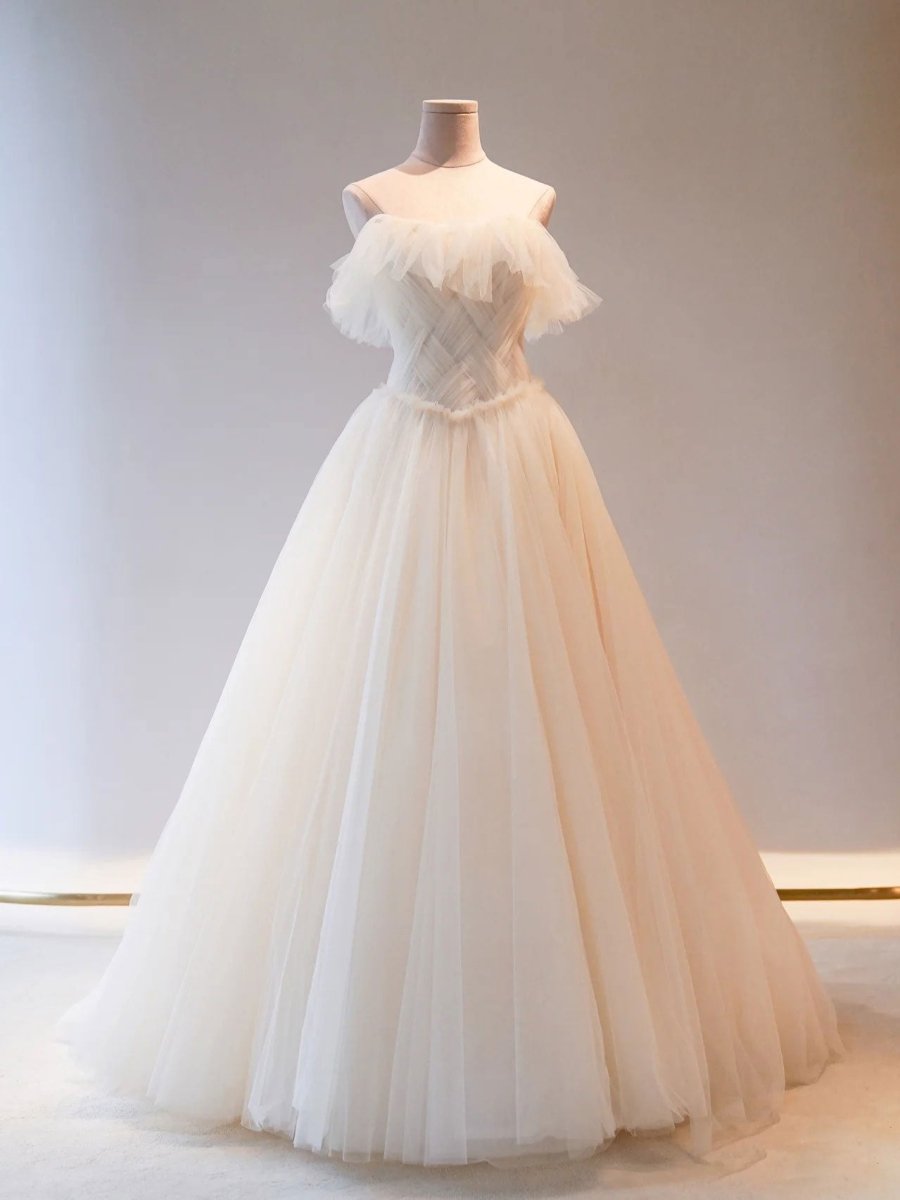Unique Light Champagne Tulle Long Prom Dress. Tulle Formal Wedding Dress