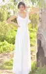 V-Neck Cap Sleeve Long A-Line Chiffon Wedding Dress With Beading