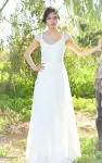 V-Neck Cap Sleeve Long A-Line Chiffon Wedding Dress With Beading(Diamond White,2)