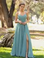 V-neckline Spaghetti Straps Slit Front Floor Length Chiffon Bridesmaid Dress