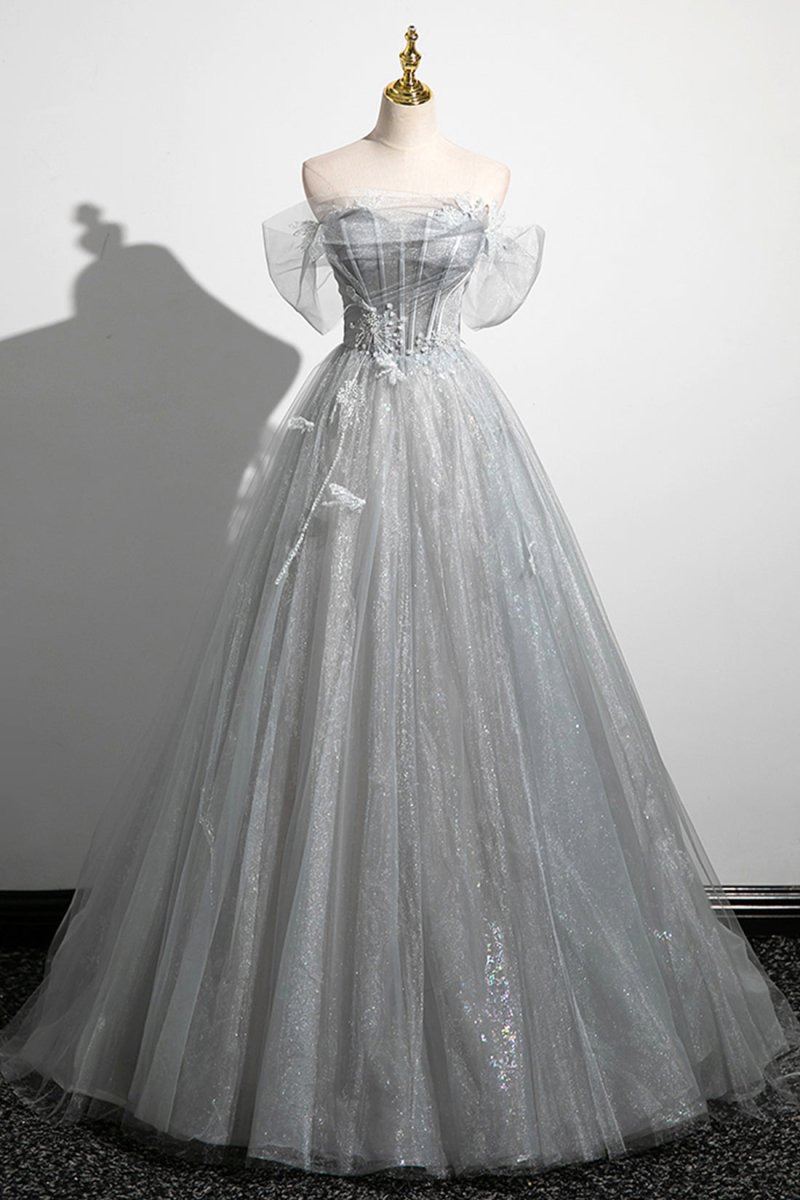 Tiana | Gray A-Line Off the Shoulder Tulle Prom Dress. Lovely Corset Floor Length Party Dress