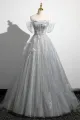 Tiana | Gray A-Line Off the Shoulder Tulle Prom Dress. Lovely Corset Floor Length Party Dress