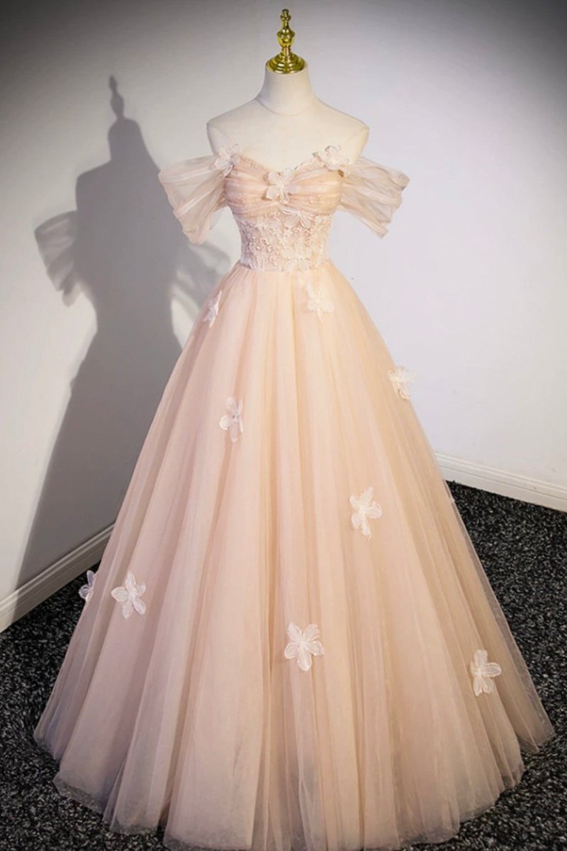 Coraline | Cute Flowers Tulle Long Formal Dresses. Off Shoulder Evening Dresses