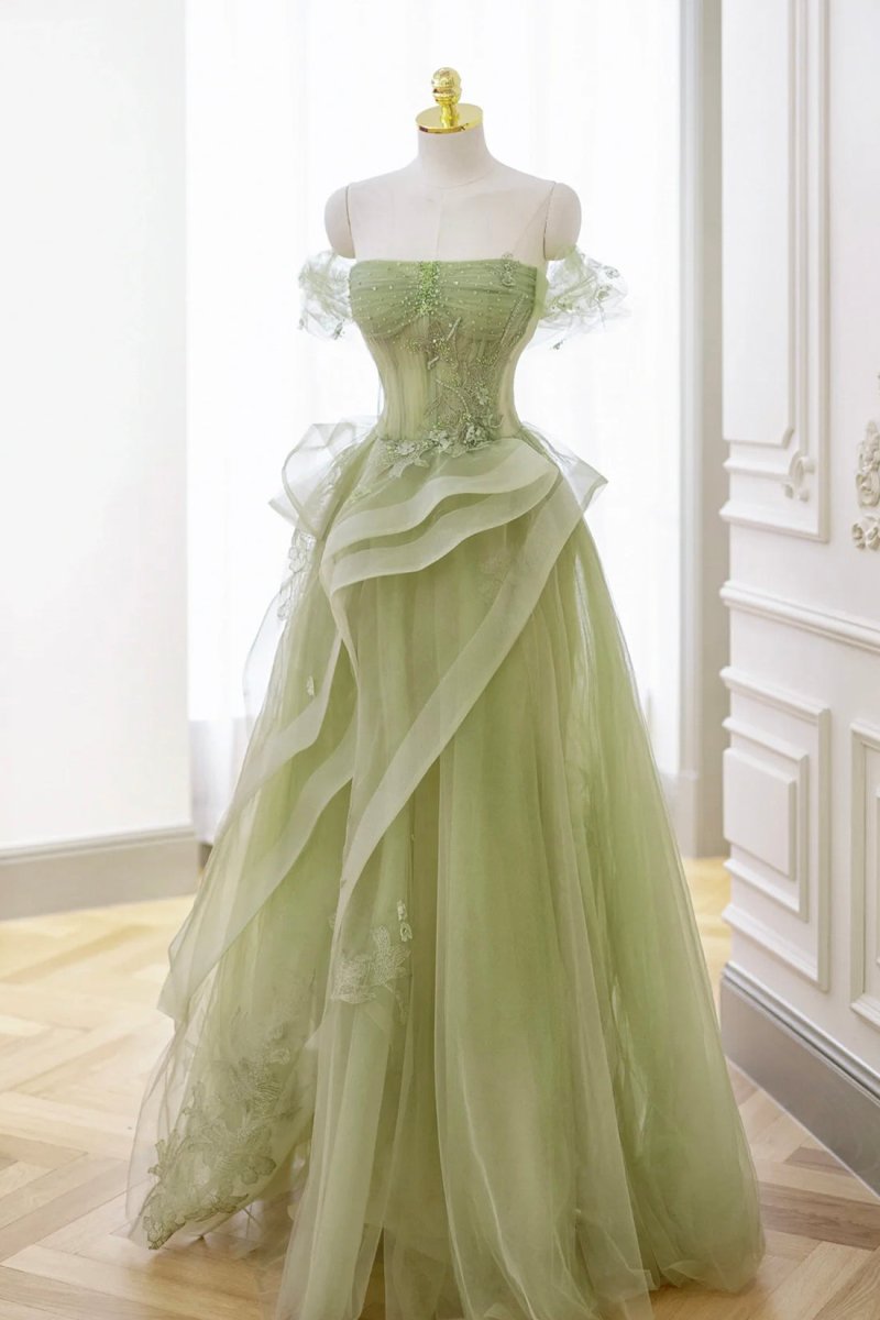 Nellie | Green Tulle Lace Long Prom Dress with Corset. Green Formal Party Dress