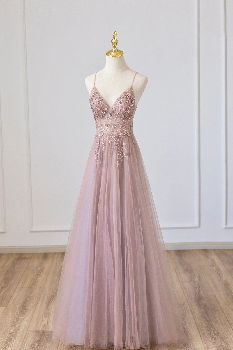Yareli | Pink Tulle Long A-Line Prom Dress. Pink Spaghetti Formal Dress with Beaded