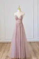 Yareli | Pink Tulle Long A-Line Prom Dress. Pink Spaghetti Formal Dress with Beaded