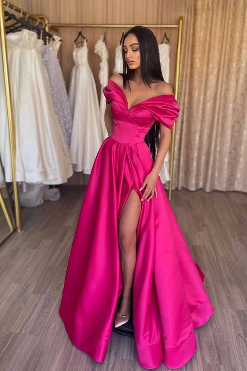 Murphy | Stylish A-Line Off the Shoulder Satin Long Prom Dress. Hot Pink Satin Pleats Evening Dress with Slit