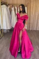 Murphy | Stylish A-Line Off the Shoulder Satin Long Prom Dress. Hot Pink Satin Pleats Evening Dress with Slit