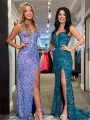 Velvetia | Sparkly Sheath V Neck Sequins Long Prom Dresses With Split(Blue,2)
