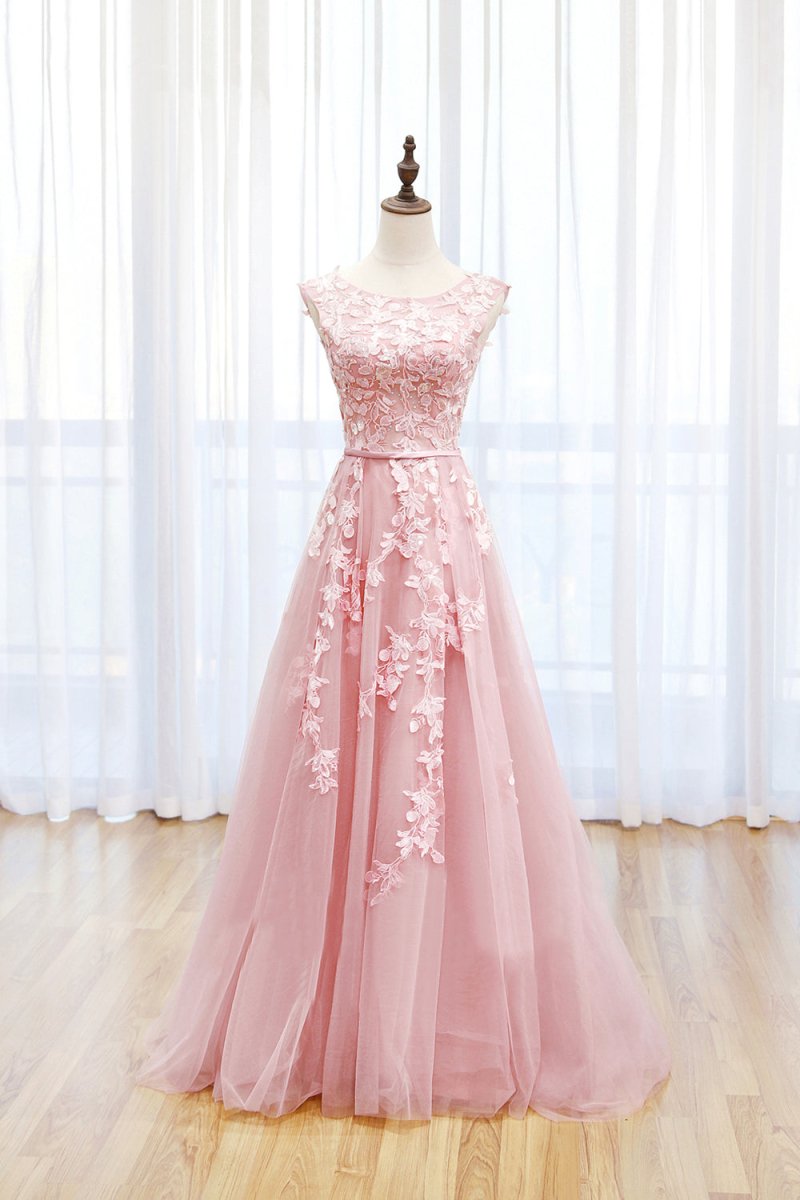 Irene | Pink Tulle Lace Long Prom Dress. Lovely A-Line Open Back Evening Dress