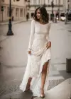 Vintage Floral Boho Lace Wedding Dress with Sleeves Modest Boat Neck Low-V Back Princess Bridal Gown