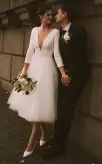 Vintage Short Casual Simple Long Sleeve A-line Tea-length Plunging Neckline Satin Wedding Dress