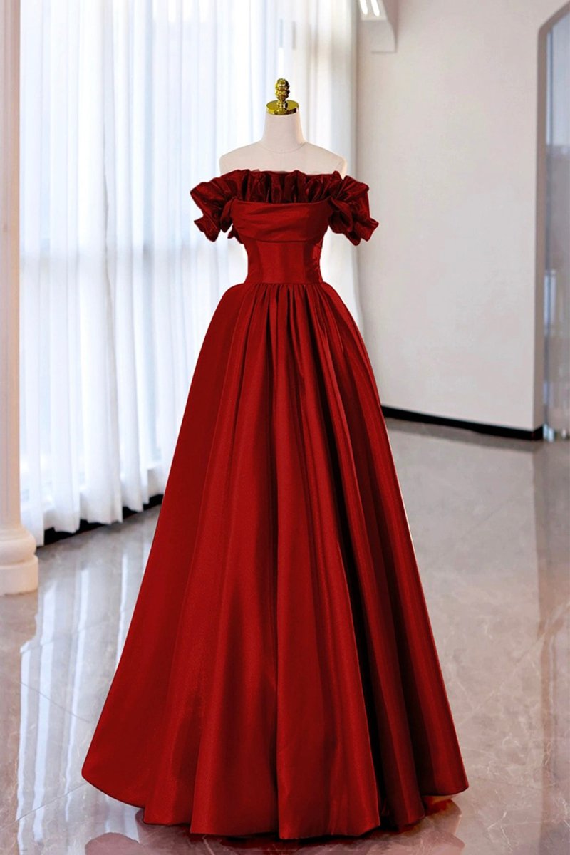 Milan | Burgundy Strapless Satin Long Prom Dress. A-Line Evening Party Dress